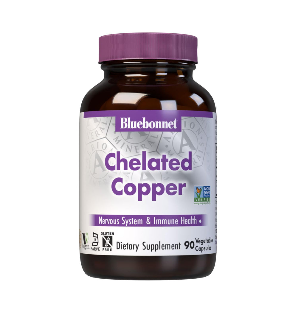 BlueBonnet Albion Chelated Copper bottle and capsules support daily nervous system function and immune health.