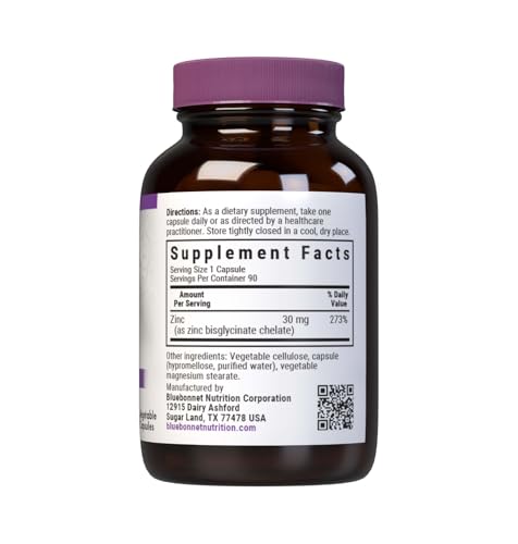 BlueBonnet Albion Zinc Bisglycinate bottle front showing easy-to-swallow capsules.