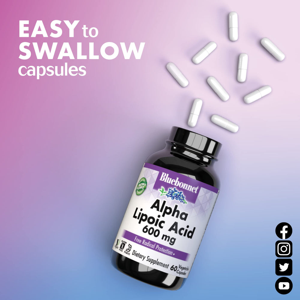 Bluebonnet Alpha Lipoic Acid daily-use context showing capsule bottle alongside glass of water.