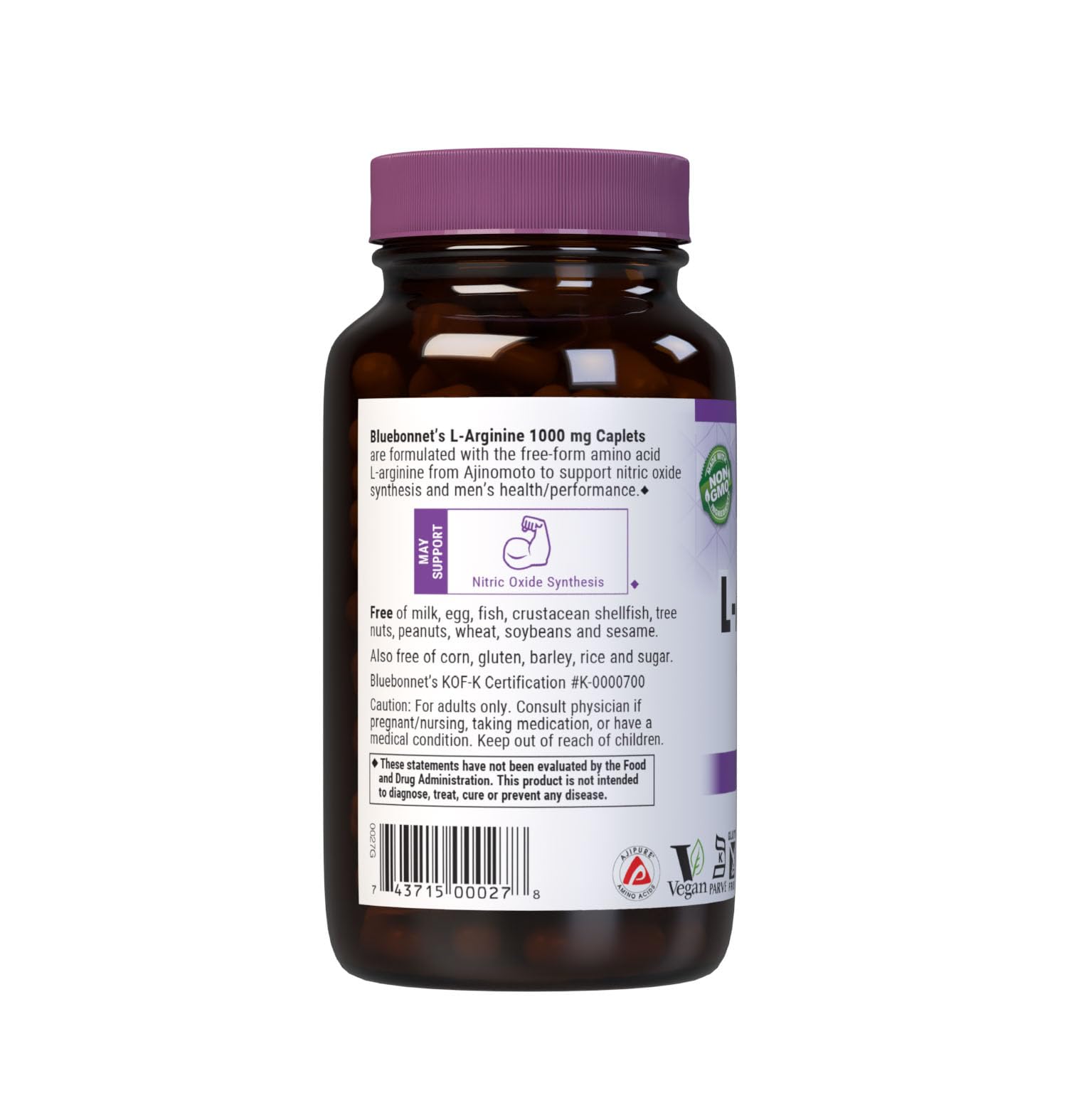 Bluebonnet L-Arginine 1000 mg label highlights key features and allergen information.
