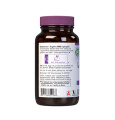 Bluebonnet L-Arginine 1000 mg label highlights key features and allergen information.