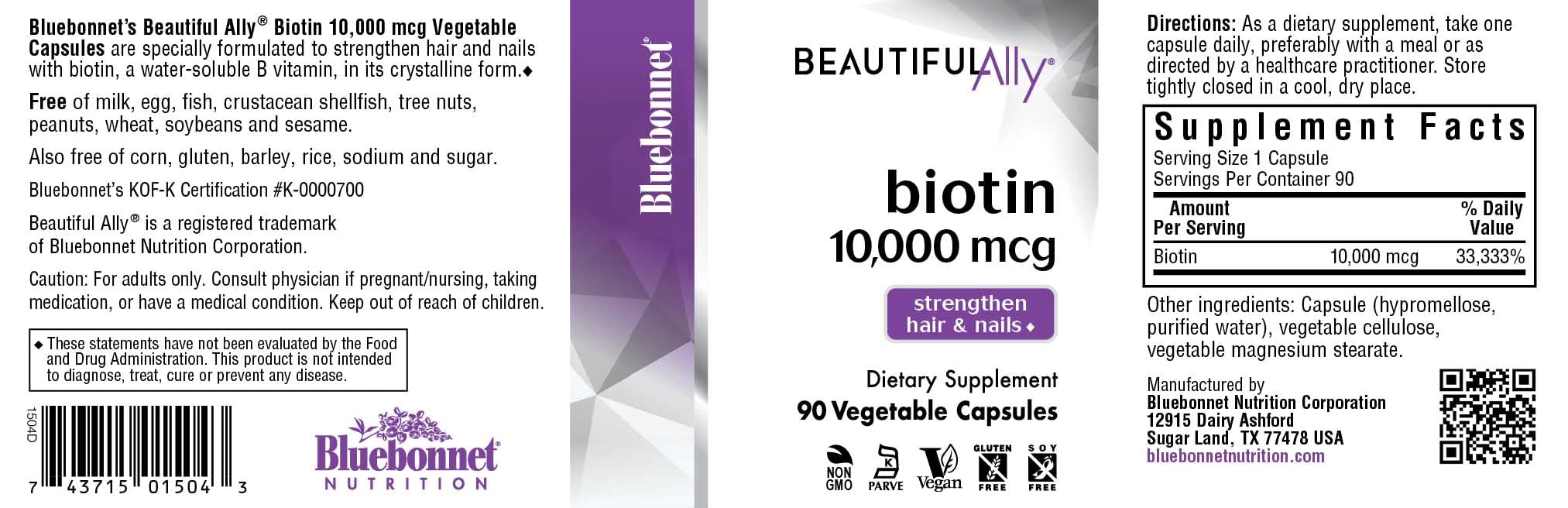 Close-up of Biotin capsules showing vegan, non-GMO formulation on BlueBonnet Beautiful Ally