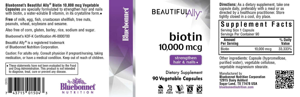 Close-up of Biotin capsules showing vegan, non-GMO formulation on BlueBonnet Beautiful Ally