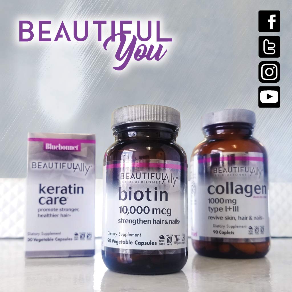 Lifestyle scene with BlueBonnet Beautiful Ally Biotin bottle on kitchen counter