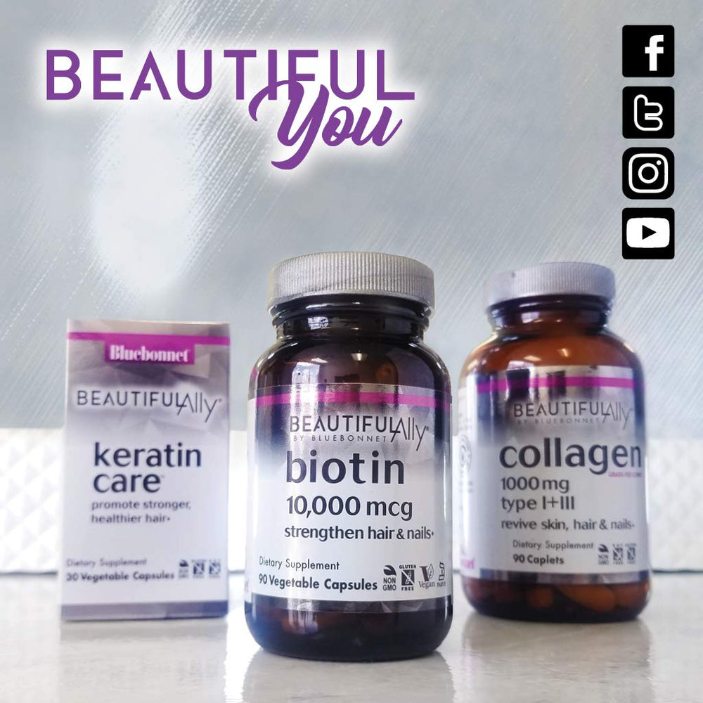 Lifestyle scene with BlueBonnet Beautiful Ally Biotin bottle on kitchen counter