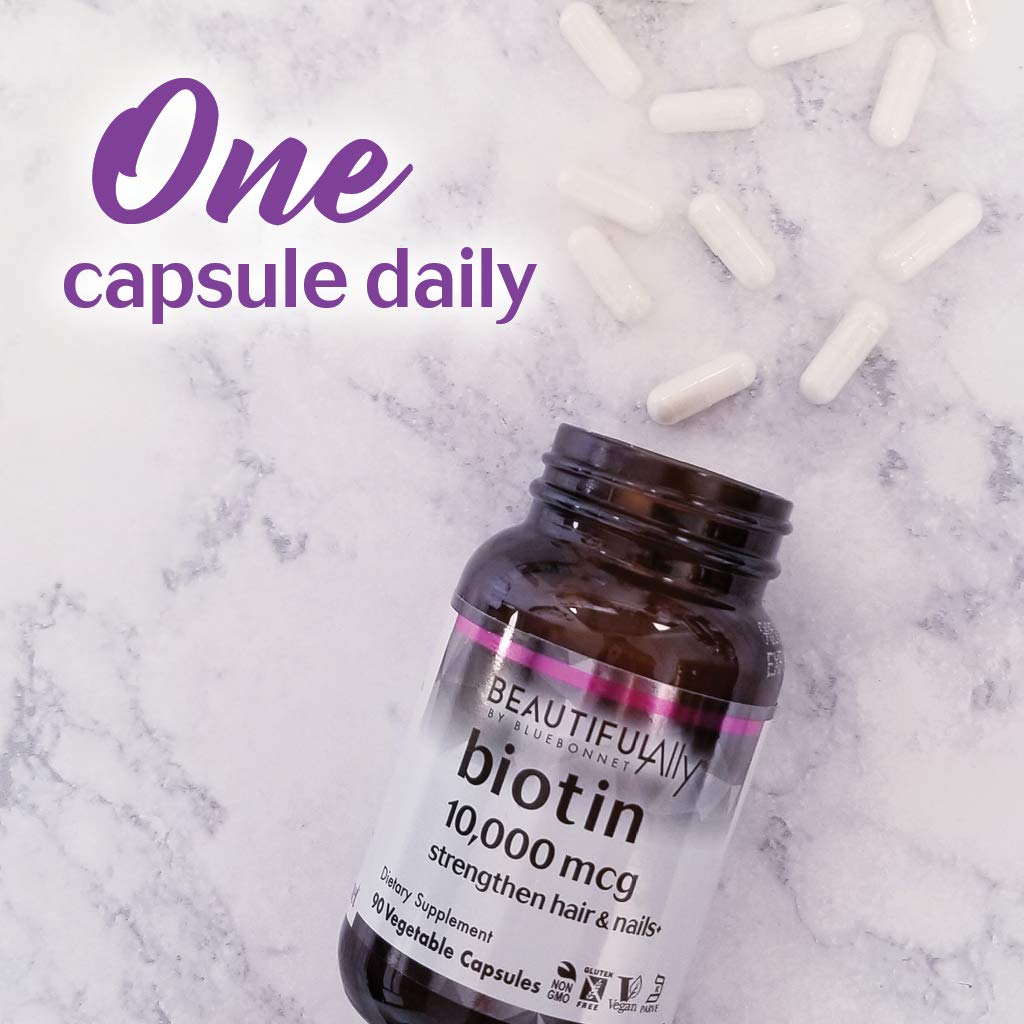Ingredient panel notes allergen-free formulation on BlueBonnet Beautiful Ally Biotin