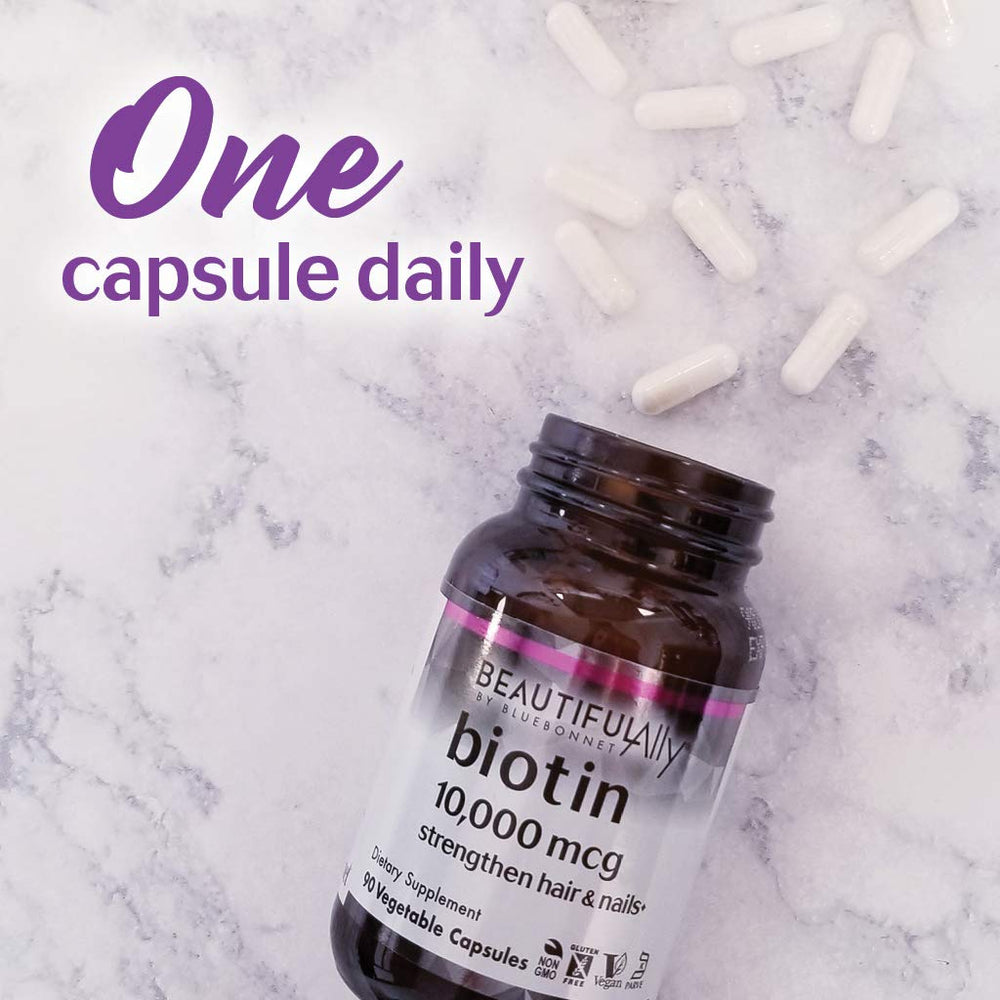 Ingredient panel notes allergen-free formulation on BlueBonnet Beautiful Ally Biotin