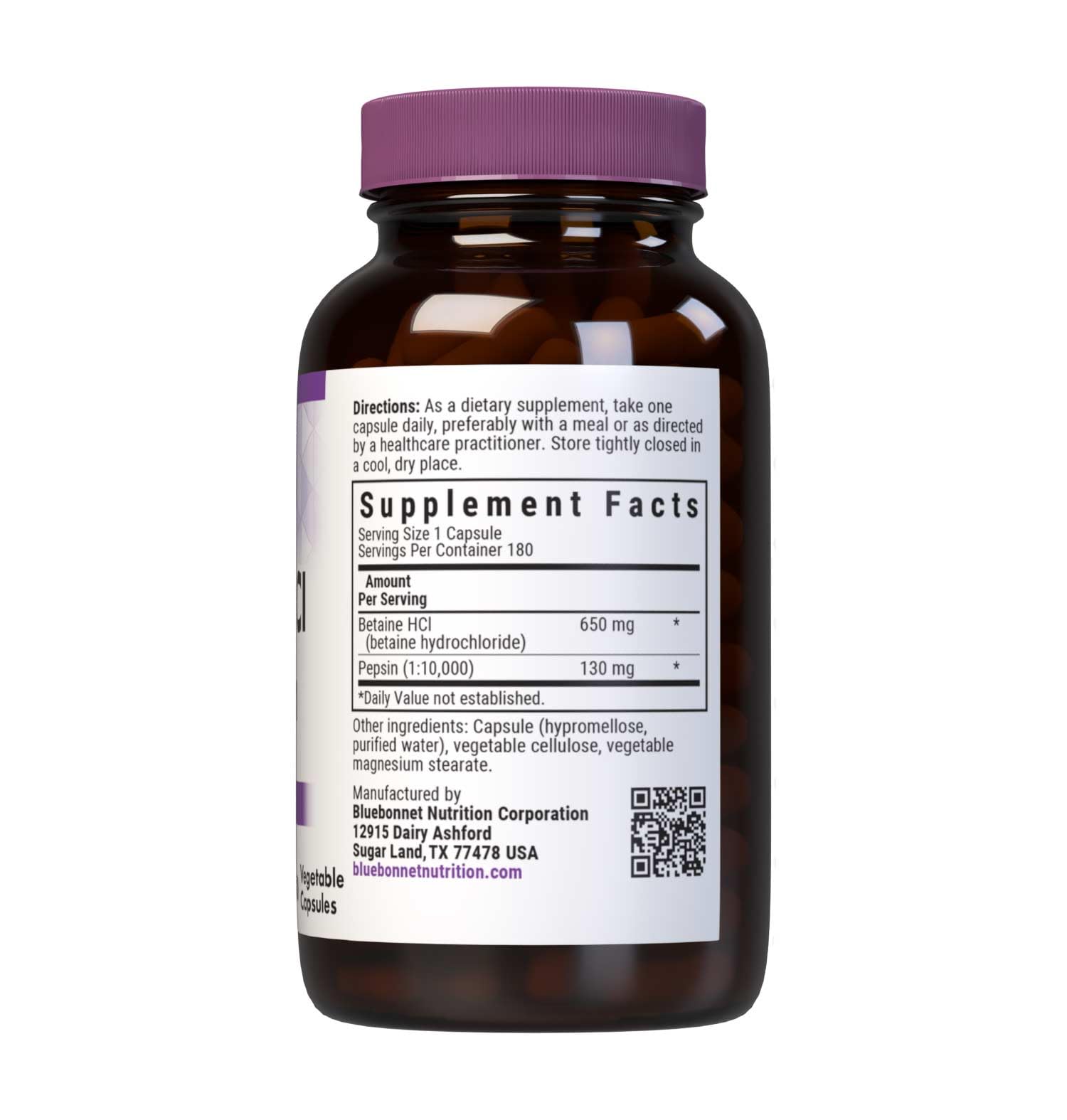 BlueBonnet Betaine HCI Plus Pepsin capsules closeup label highlights potency for digestion.