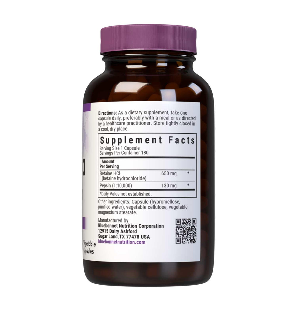 BlueBonnet Betaine HCI Plus Pepsin capsules closeup label highlights potency for digestion.