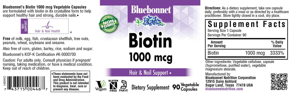 Bluebonnet Biotin 1000 mcg bottle shows vegan, allergen-friendly supplement for daily use.