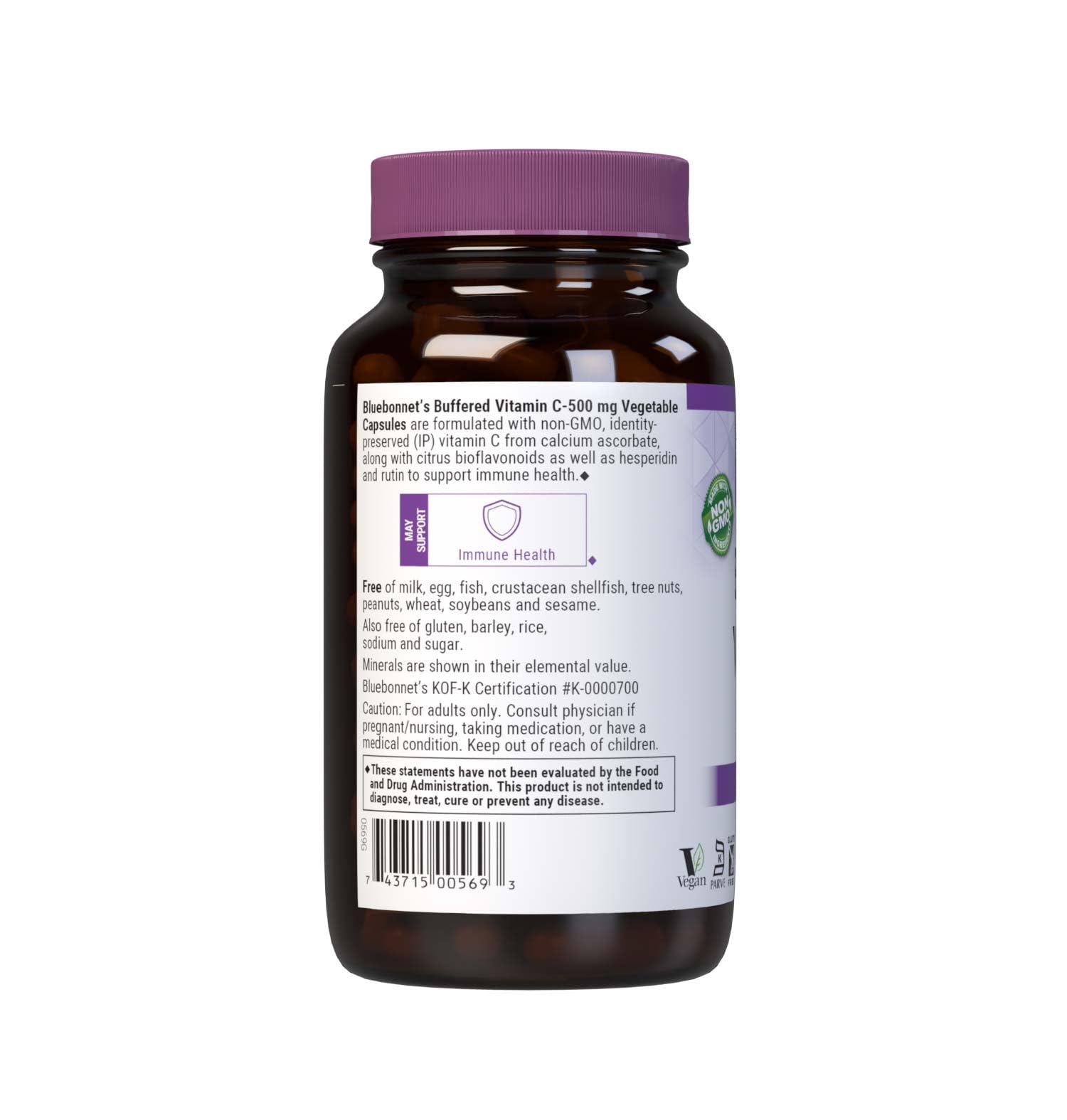 BlueBonnet Buffered Vitamin C-500 mg ingredient panel displays IP vitamin C and bioflavonoids for clarity