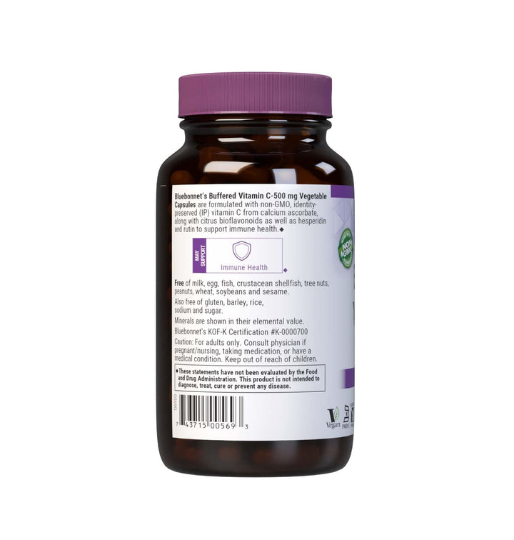 BlueBonnet Buffered Vitamin C-500 mg ingredient panel displays IP vitamin C and bioflavonoids for clarity