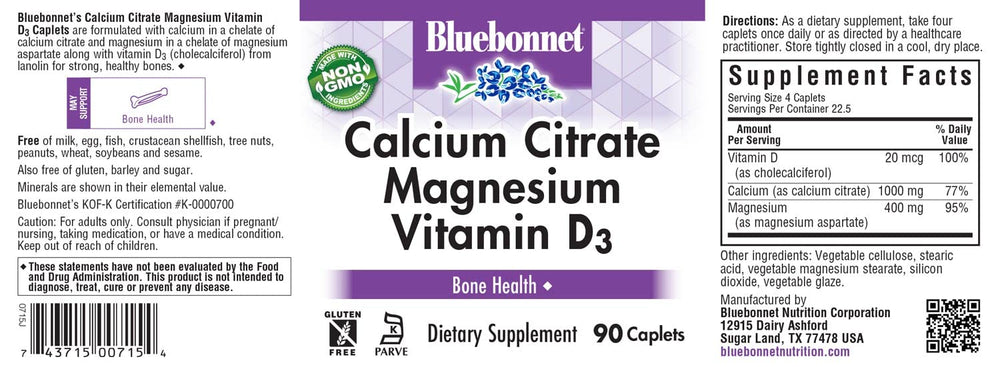 Bluebonnet calcium citrate magnesium d3 caplets back label highlights allergen-free formula