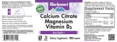 Bluebonnet calcium citrate magnesium d3 caplets back label highlights allergen-free formula