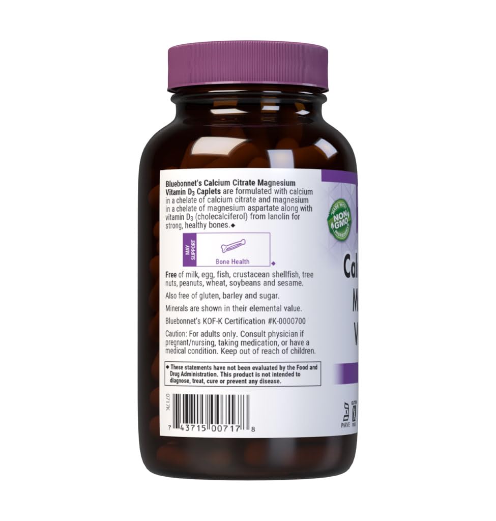 Bluebonnet Calcium Citrate Magnesium D3 caplets close-up highlights easy-to-swallow form.