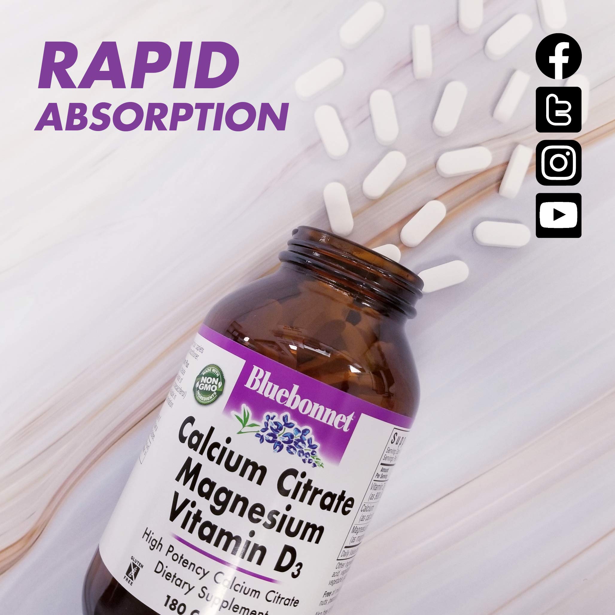 Bluebonnet calcium citrate magnesium d3 caplets vegan non-GMO label appeals to clean nutrition