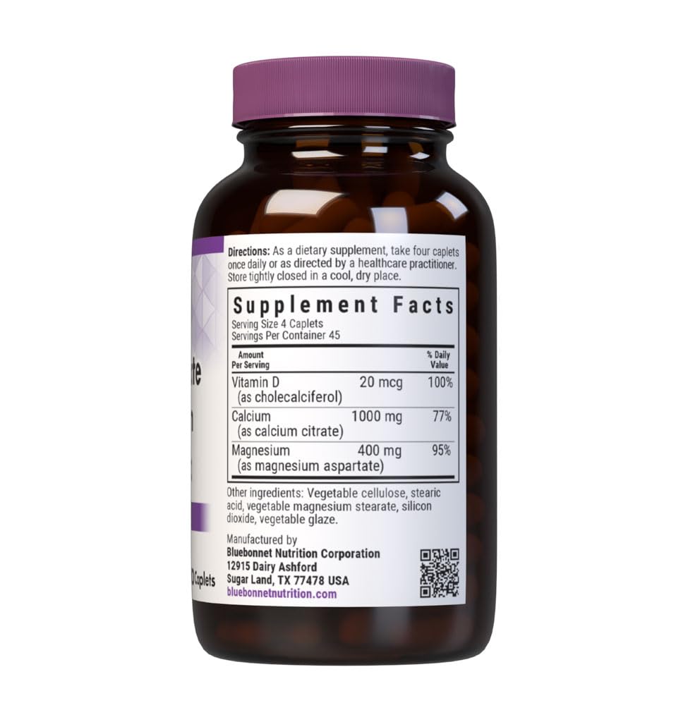 Bluebonnet Calcium Citrate Magnesium D3 ingredients list communicates non-GMO and allergen-free features.