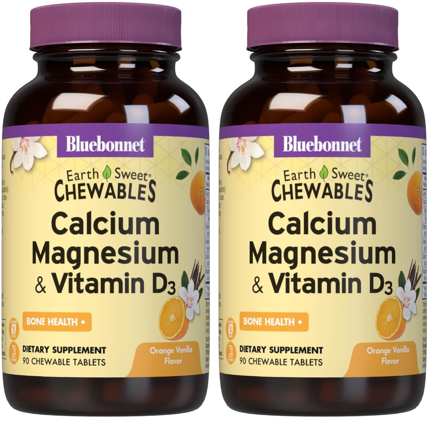 BlueBonnet Calcium Magnesium D3 orange-vanilla chewables for bone support.