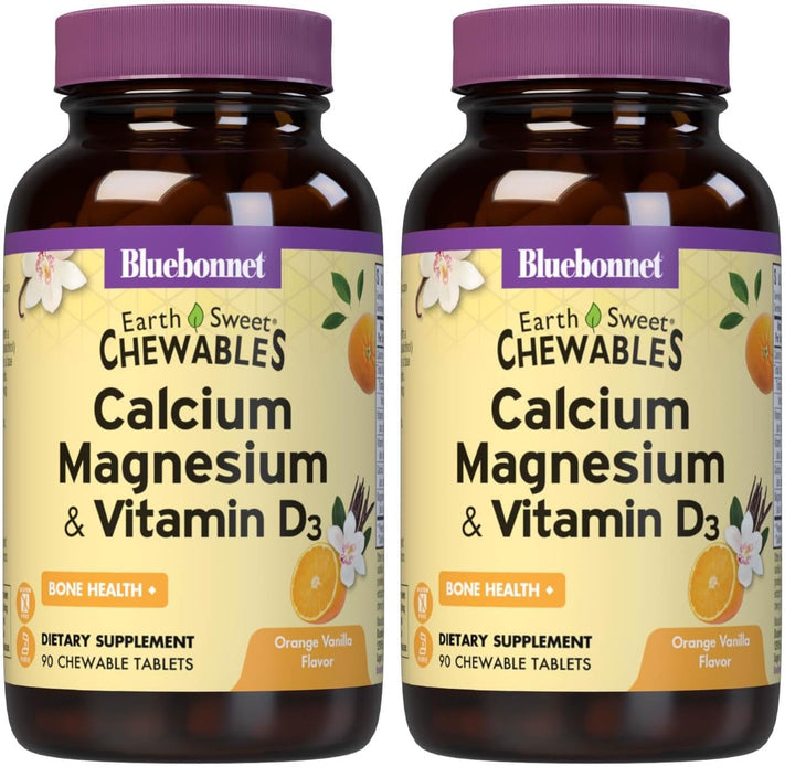 BlueBonnet Calcium Magnesium D3 orange-vanilla chewables for bone support.