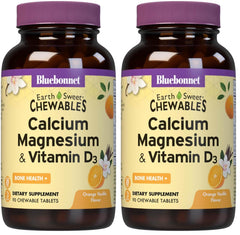 BlueBonnet Calcium Magnesium D3 orange-vanilla chewables for bone support.