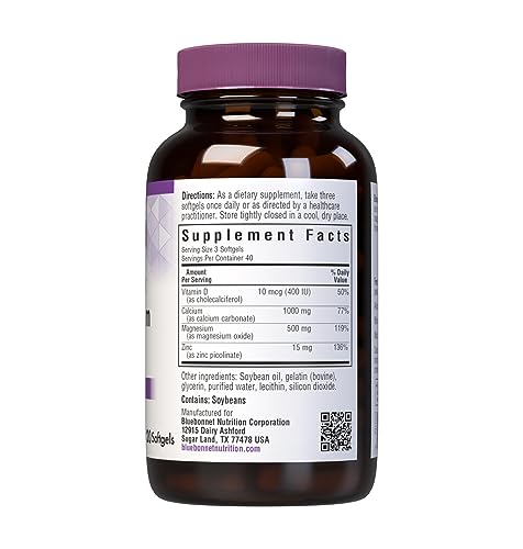 BlueBonnet calcium magnesium zinc plus vitamin d3 nutrition facts panel shows minerals.