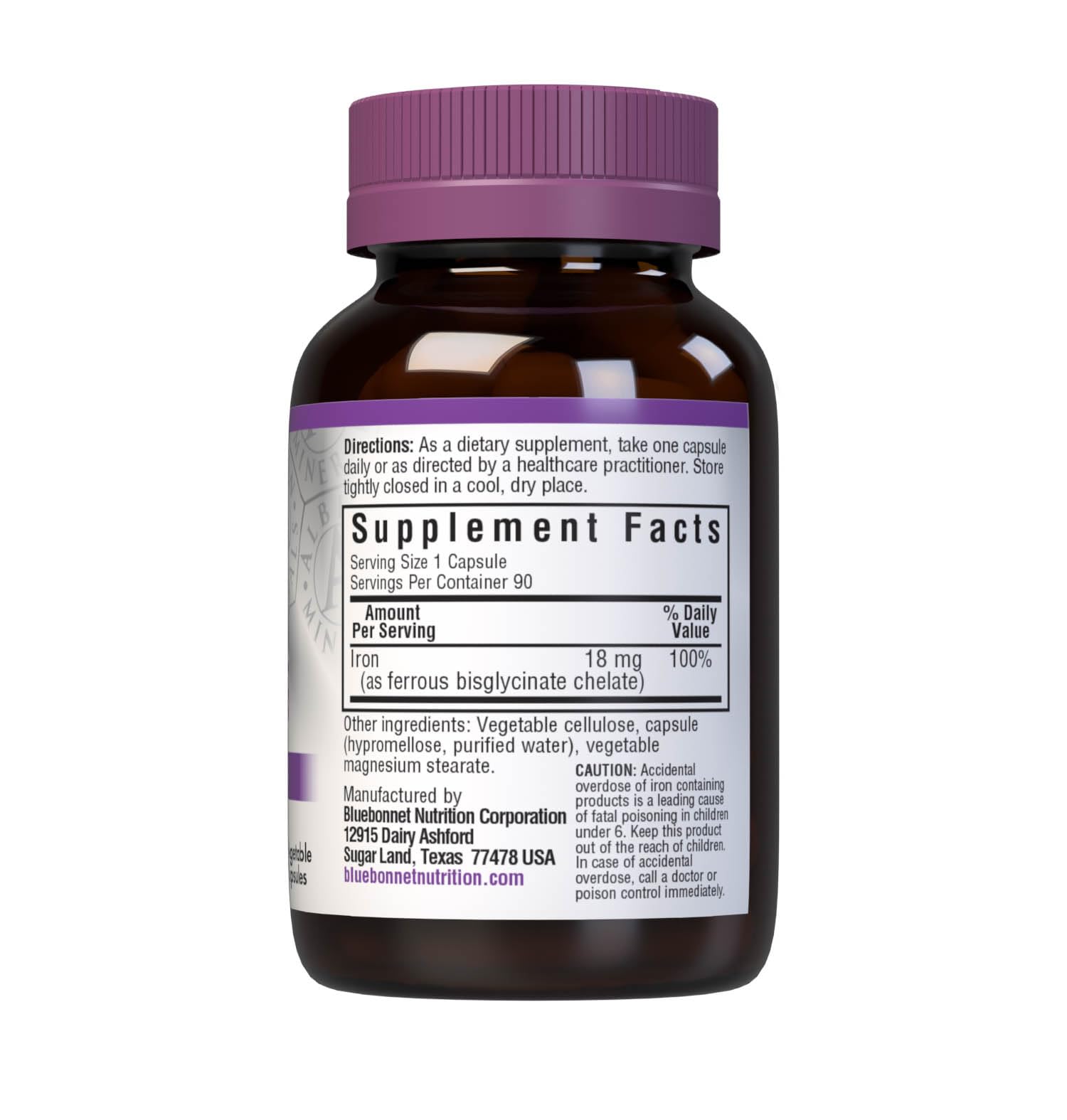 BlueBonnet chelated iron 18 mg capsules shown for easy daily use
