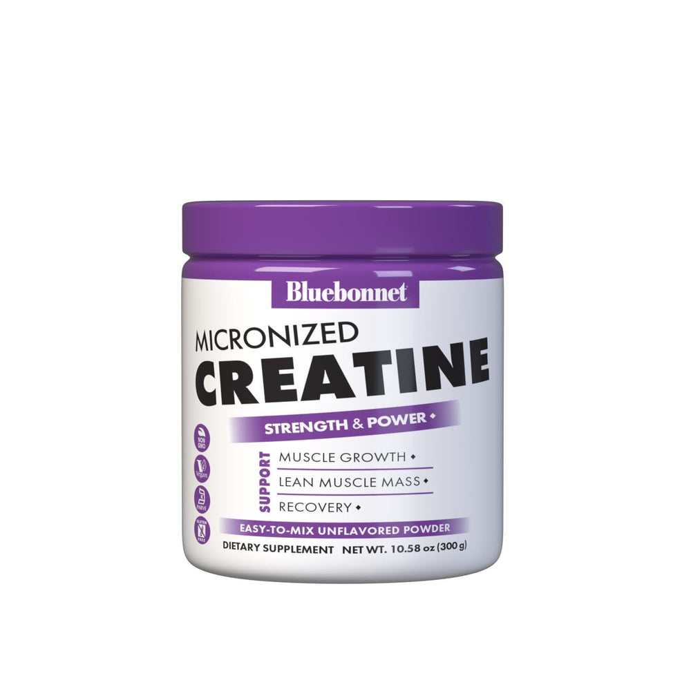 BlueBonnet Creatine Micronized tub with scoop for convenient daily loading.
