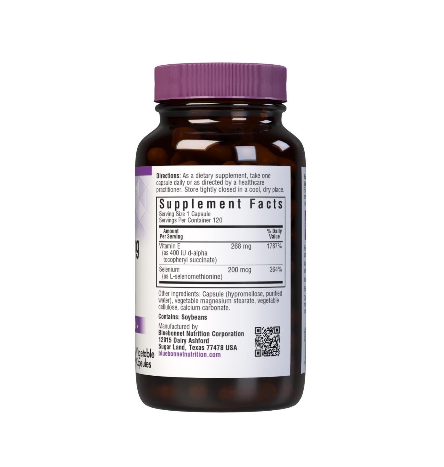 BlueBonnet Dry E-400 IU Plus Selenium label highlights easy-to-swallow vegan capsules.