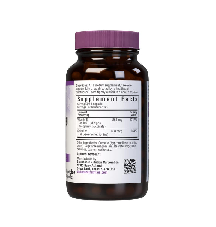 BlueBonnet Dry E-400 IU Plus Selenium label highlights easy-to-swallow vegan capsules.