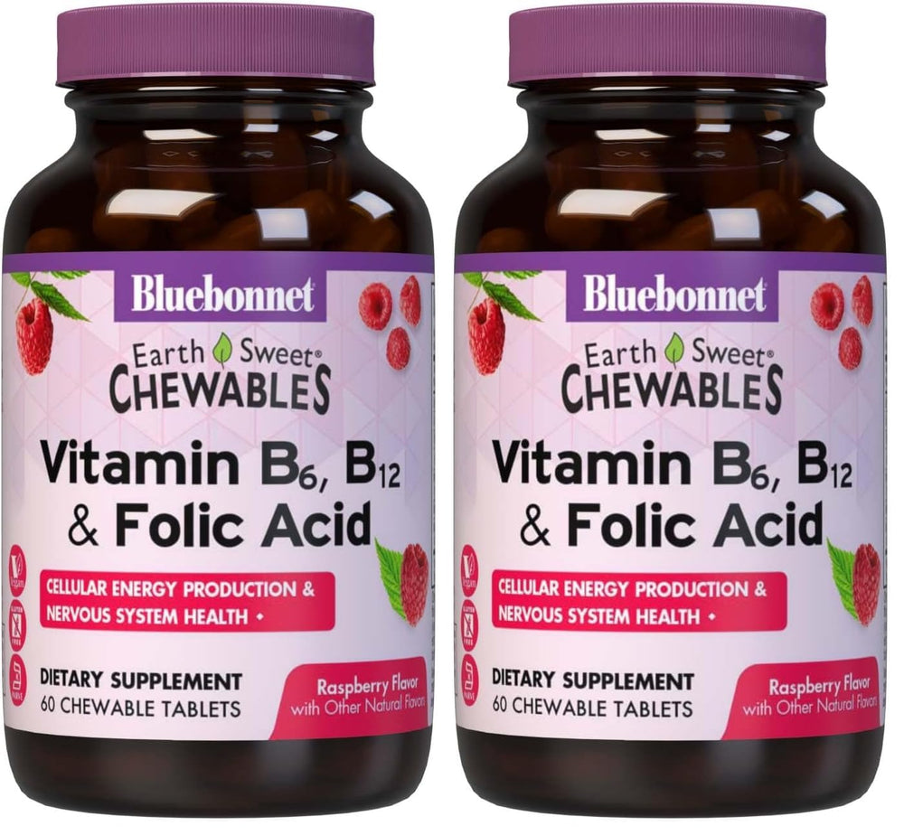 BlueBonnet Earth Sweet B6 B12 Folic Acid chewables bottle for energy and focus