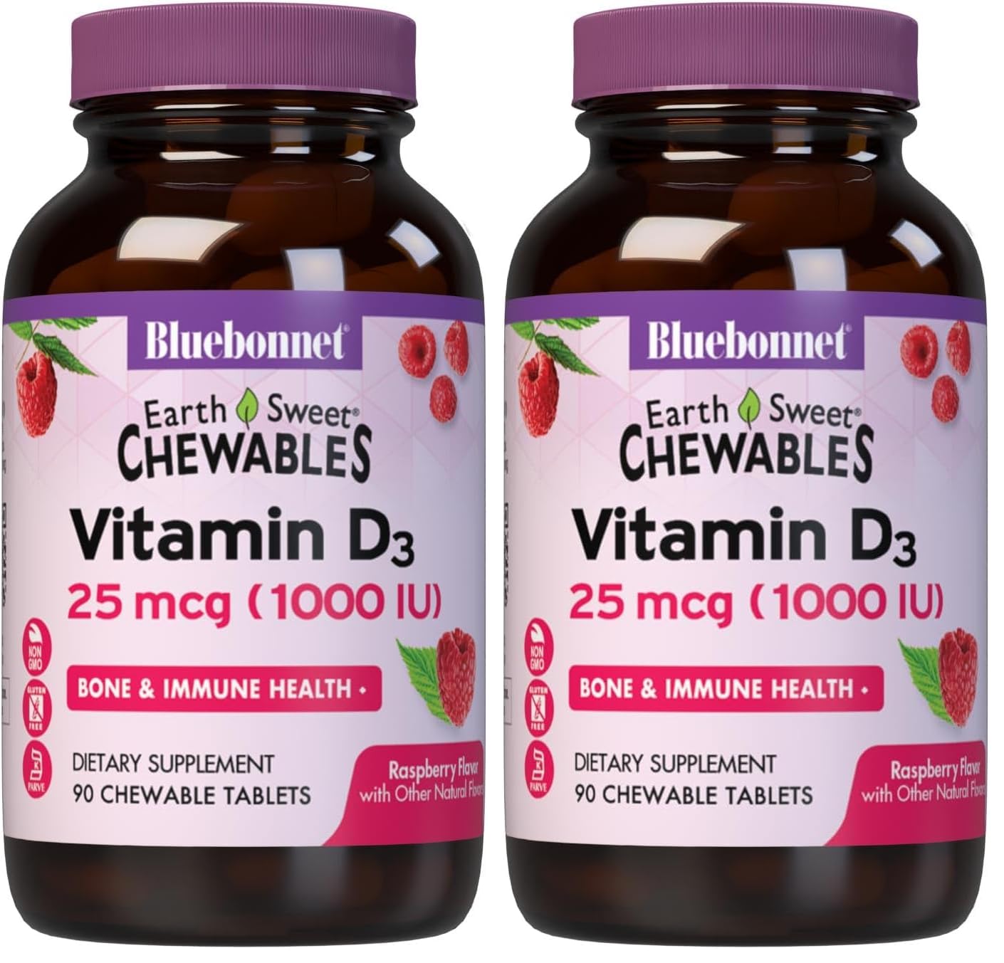 Bluebonnet EarthSweet Vitamin D3 raspberry chewable bottle promotes bone and immunity support