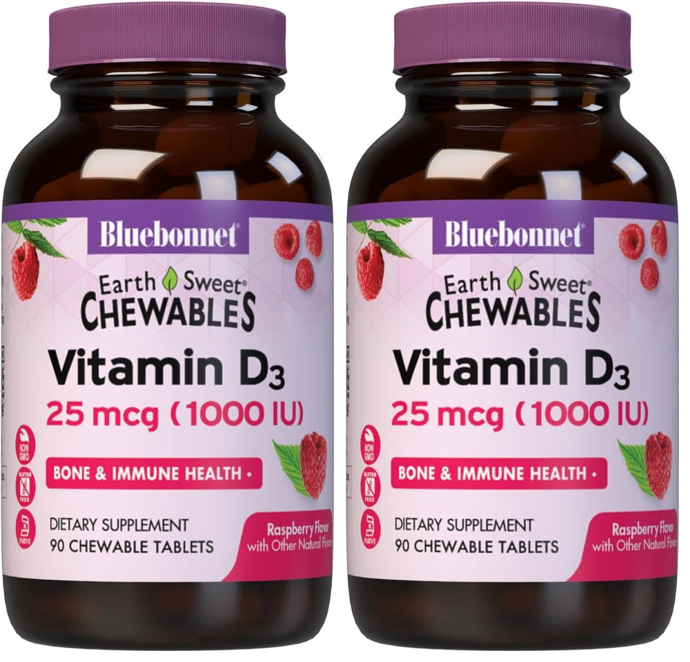 Bluebonnet EarthSweet Vitamin D3 raspberry chewable bottle promotes bone and immunity support