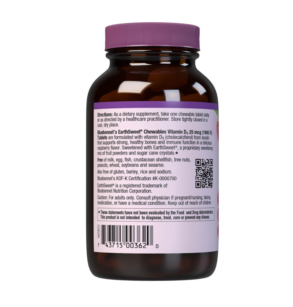 Bluebonnet EarthSweet D3 raspberry chewable tablets support daily bone health