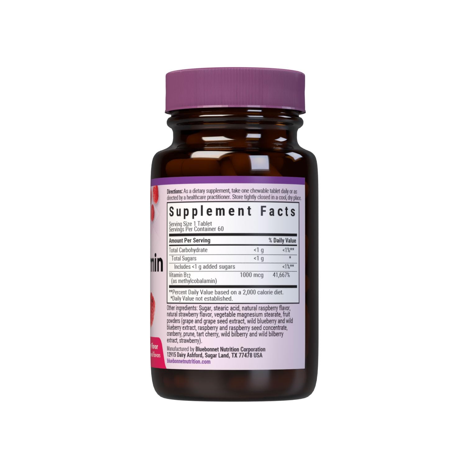 BlueBonnet EarthSweet methylcobalamin energy-boost chewables in raspberry flavor.