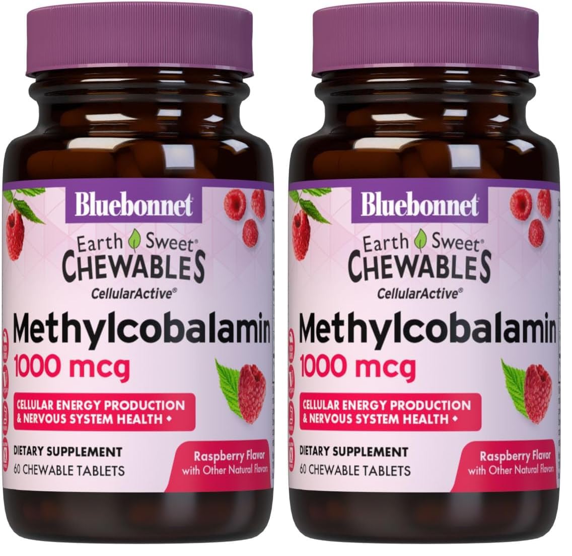 BlueBonnet EarthSweet methylcobalamin raspberry chewables for energy support.