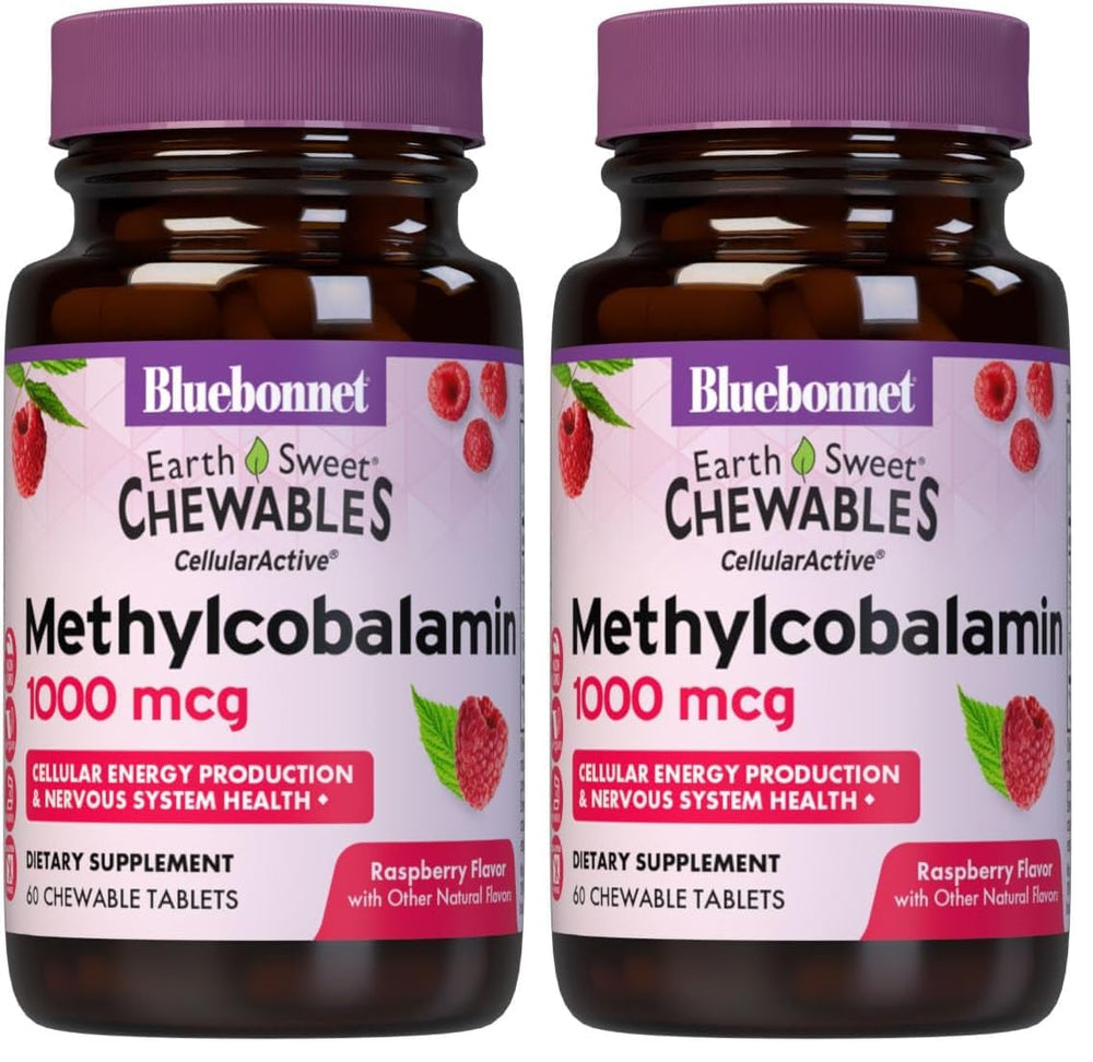 BlueBonnet EarthSweet methylcobalamin raspberry chewables for energy support.