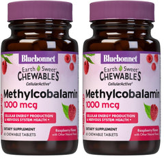 BlueBonnet EarthSweet methylcobalamin raspberry chewables for energy support.