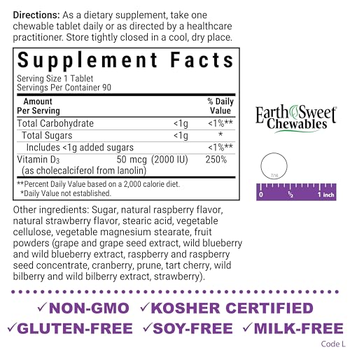 Bluebonnet EarthSweet Vitamin D3 2000 IU chewable tablets close-up with raspberry flavor
