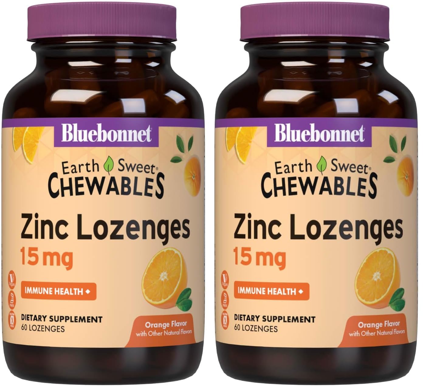 BlueBonnet EarthSweet Zinc Lozenges orange bottle, vegan immune support in a tasty chew.