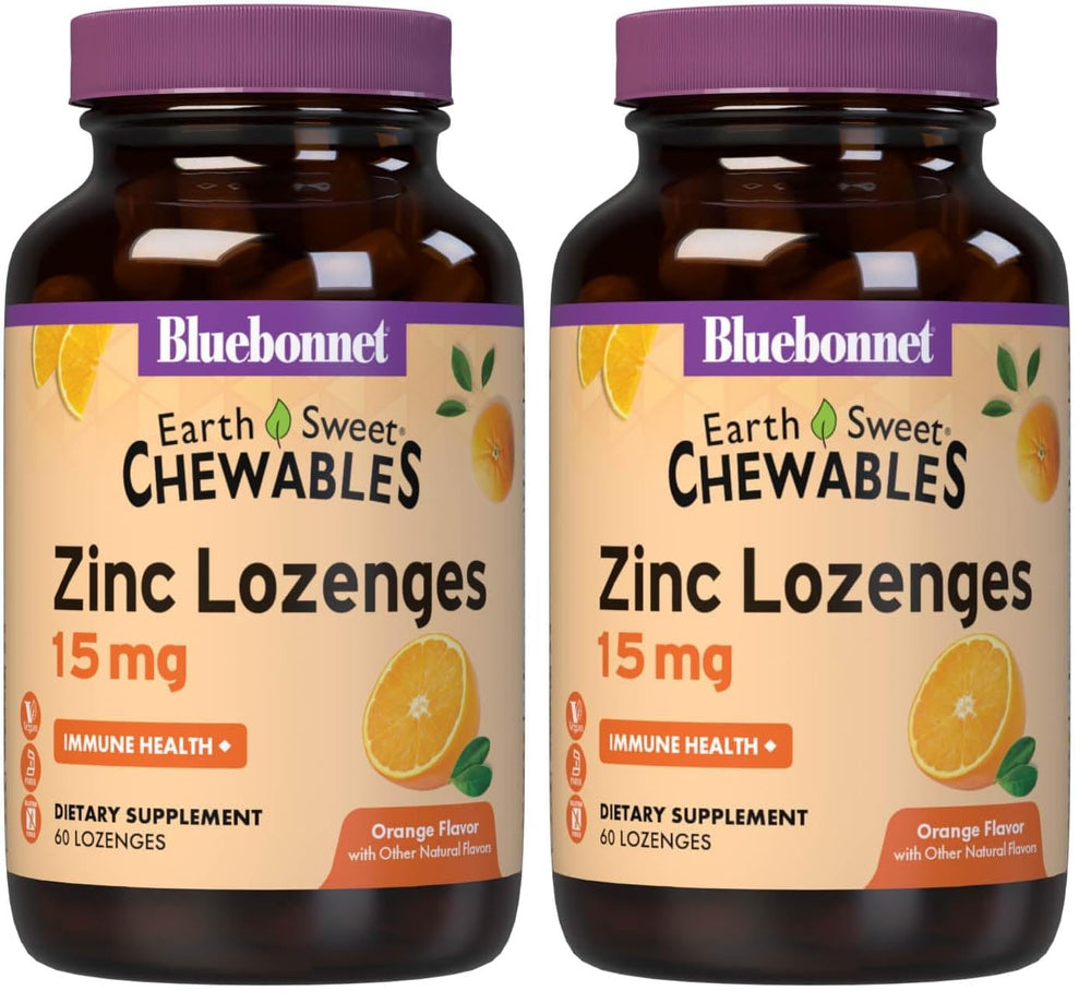 BlueBonnet EarthSweet Zinc Lozenges orange bottle, vegan immune support in a tasty chew.
