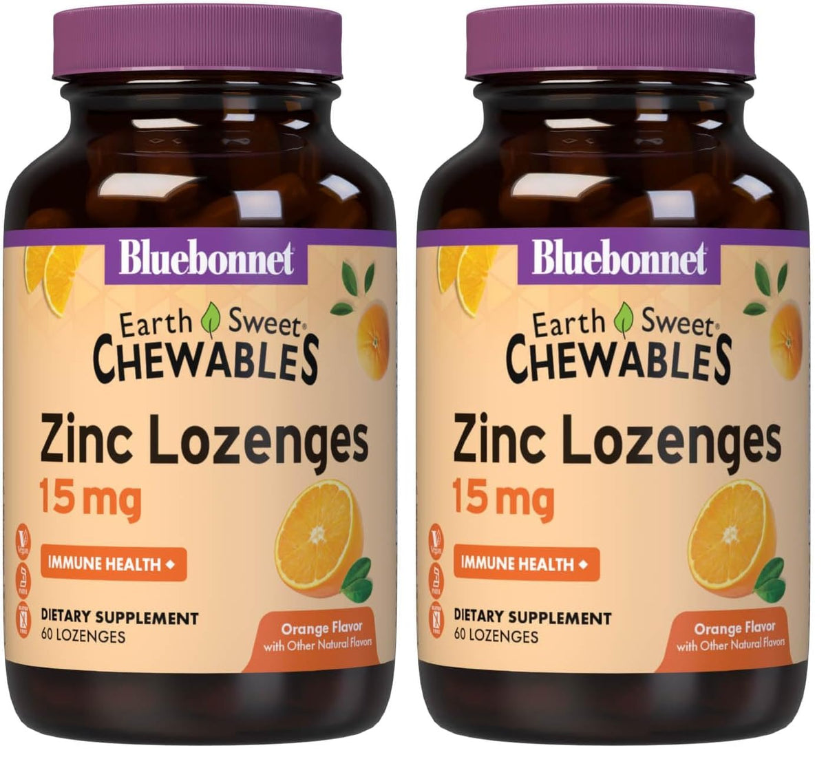 BlueBonnet EarthSweet Zinc Lozenges orange bottle, vegan immune support in a tasty chew.