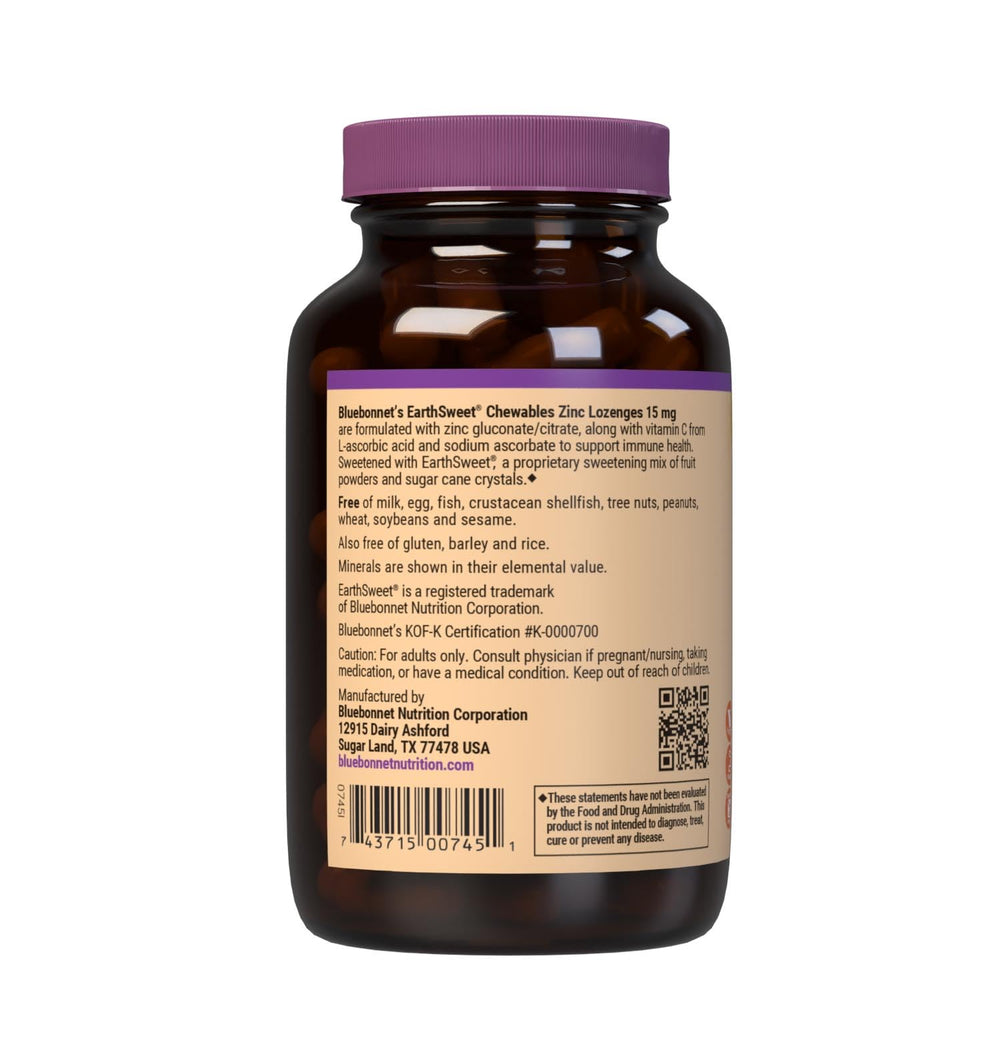 BlueBonnet EarthSweet Zinc Lozenges orange lozenges closeup highlights free-from ingredients and clean vegan formula.