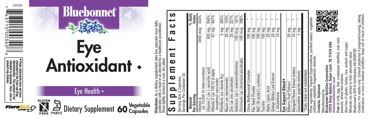 BlueBonnet Eye Antioxidant label close-up featuring zeaxanthin and lutein for eye health.