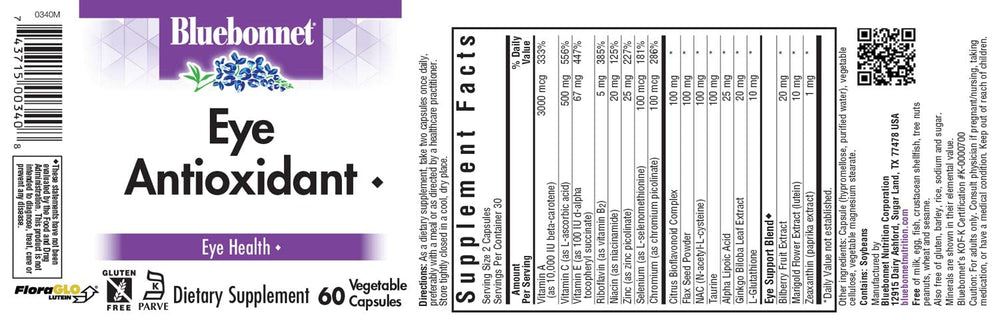 BlueBonnet Eye Antioxidant label close-up featuring zeaxanthin and lutein for eye health.