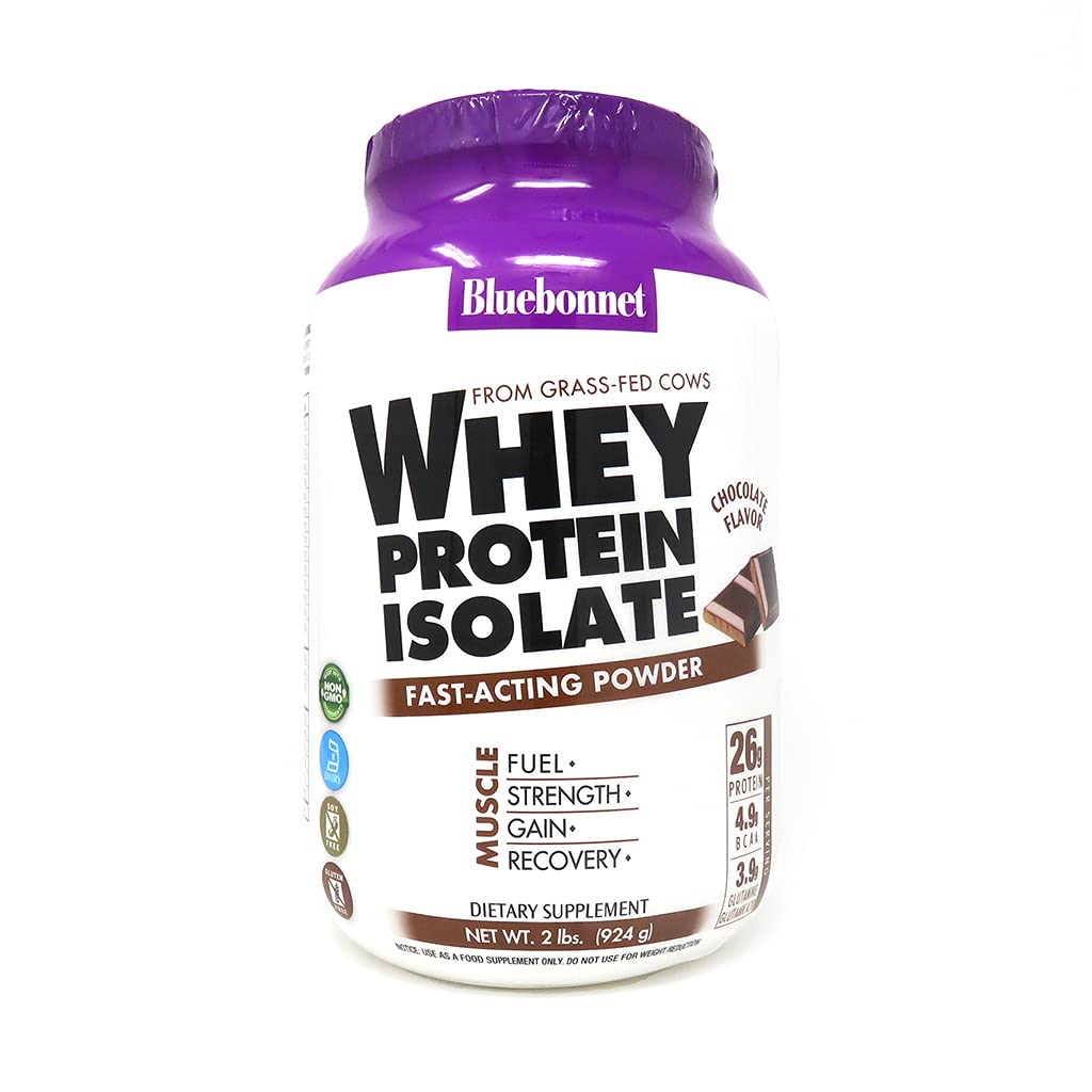 BlueBonnet grass-fed whey isolate chocolate jar for workouts
