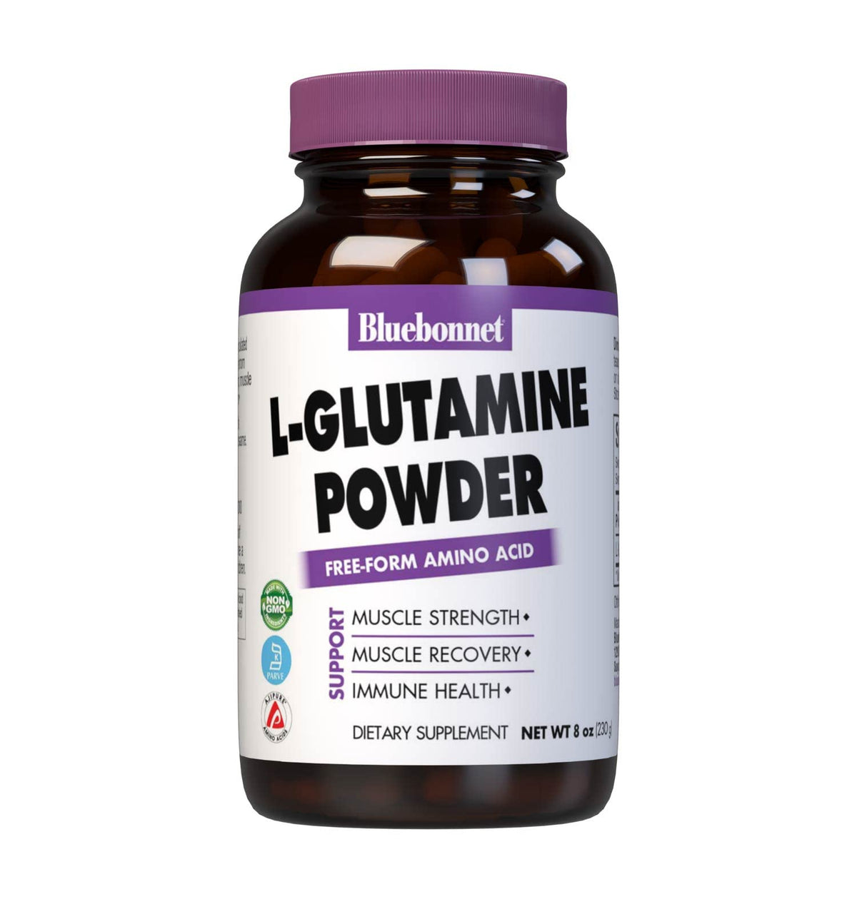 Bluebonnet L-Glutamine powder bottle supports workout recovery and immune health.