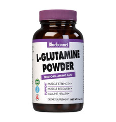 Bluebonnet L-Glutamine powder bottle supports workout recovery and immune health.