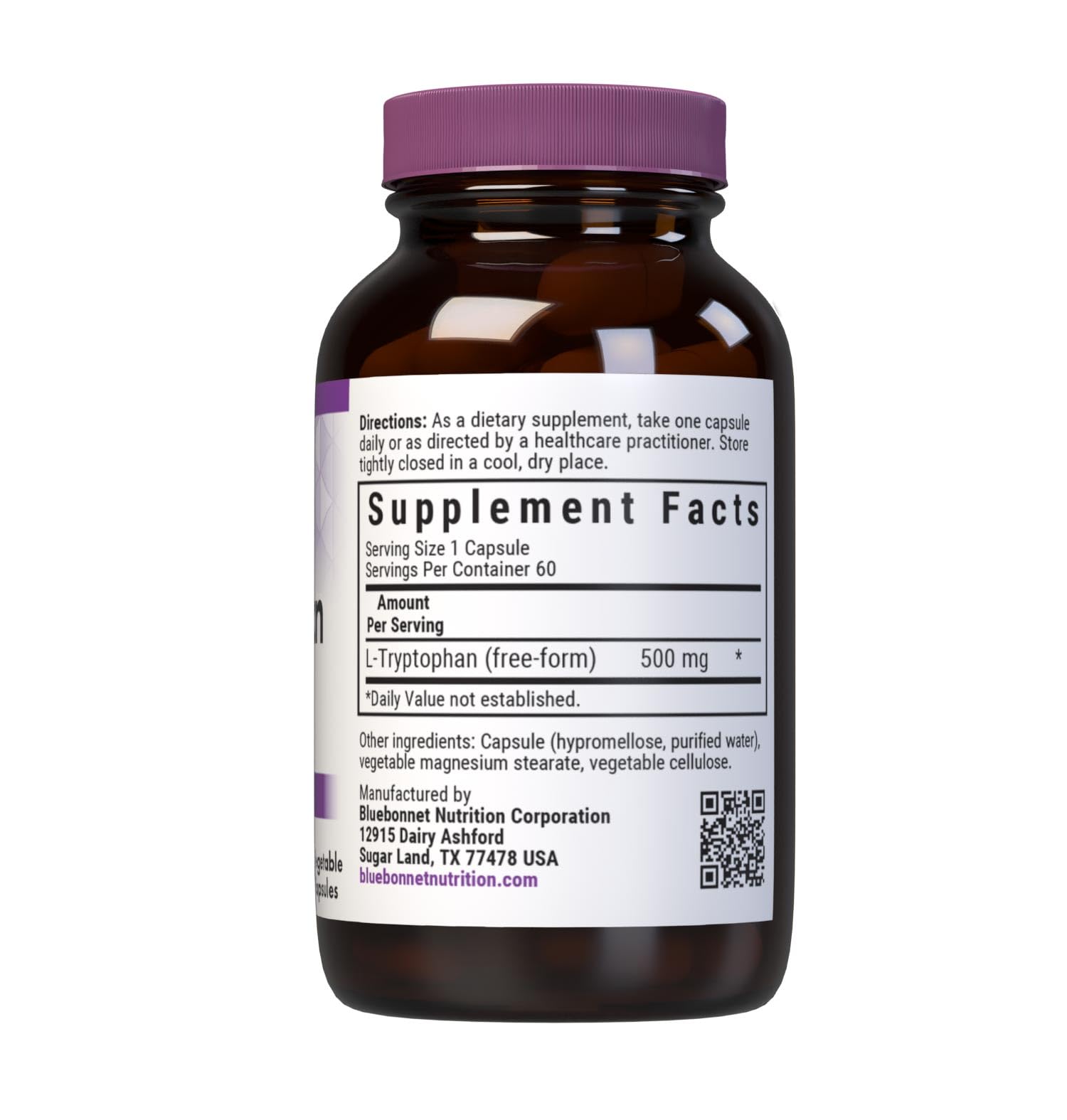 BlueBonnet L-Tryptophan 500mg capsules pour highlights easy daily use.