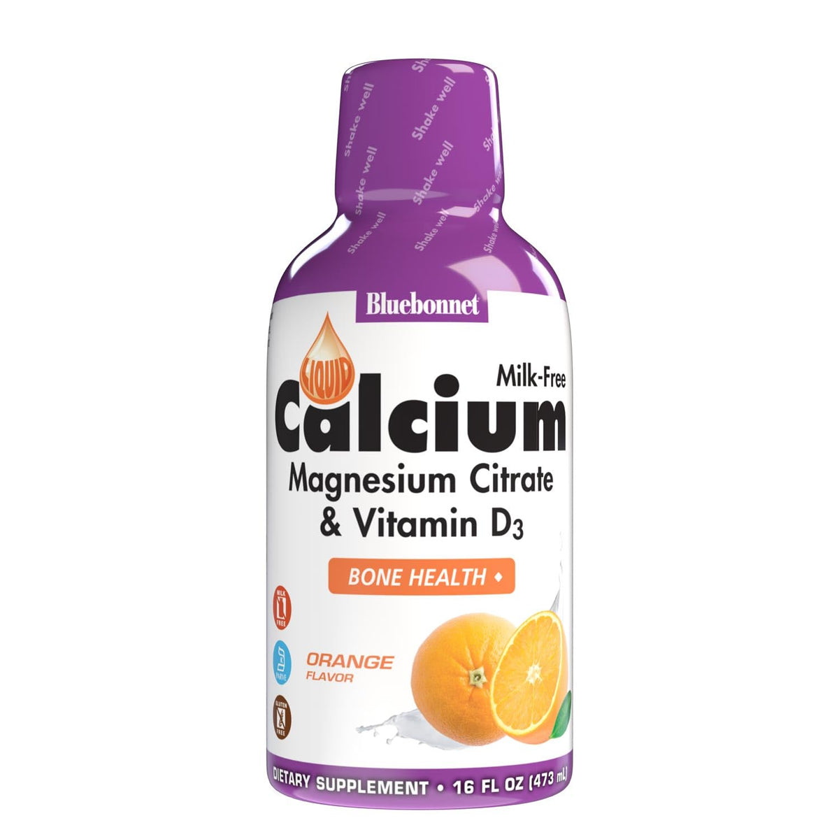 Bluebonnet Liquid Calcium Citrate bottle close-up highlighting orange flavor and easy absorption.