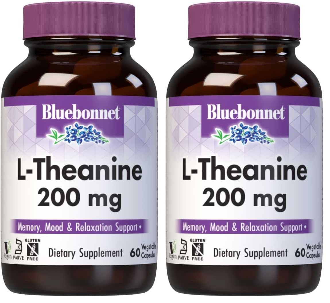 BlueBonnet L-Theanine 200mg bottle promotes relaxed focus.